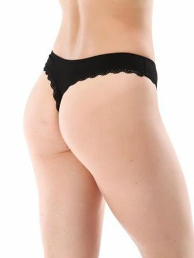 Трусики-стринги из хлопка с кружевом по ножке (Размер: S) (Цвет: черный)