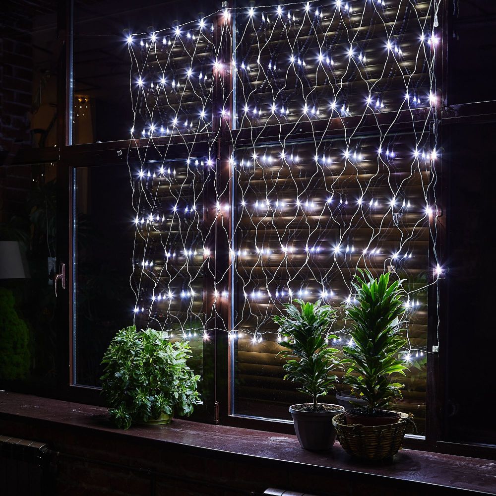 ULD-N1515-96-TTK WHITE IP44 Сетка светодиодная с эффектом мерцания. 1.5х1.5м. Соединяемая. 96 светодиодов. Белый свет. Провод прозрачный. TM Uniel