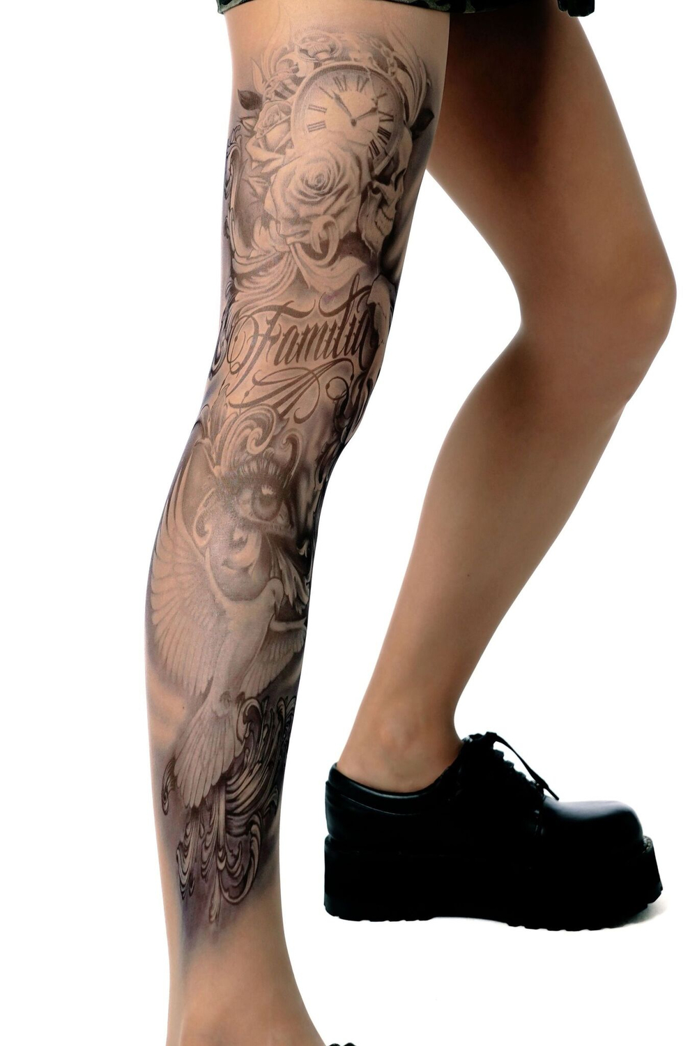 Женские колготки с имитацией татуировки на левой ножке (Размер: S-M-L) (Цвет: бежевый)