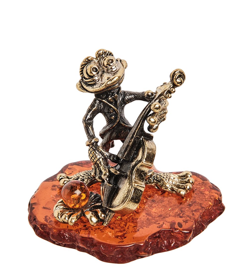 Народные промыслы AM-2148 Фигурка «Лягушка с контрабасом» (латунь, янтарь)