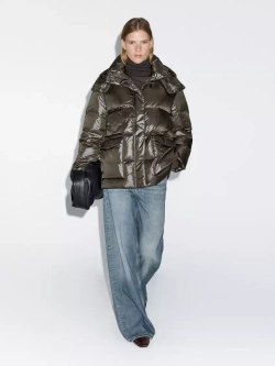 Massimo Dutti Короткая непромокаемая стеганая куртка с капюшоном, бутылочный