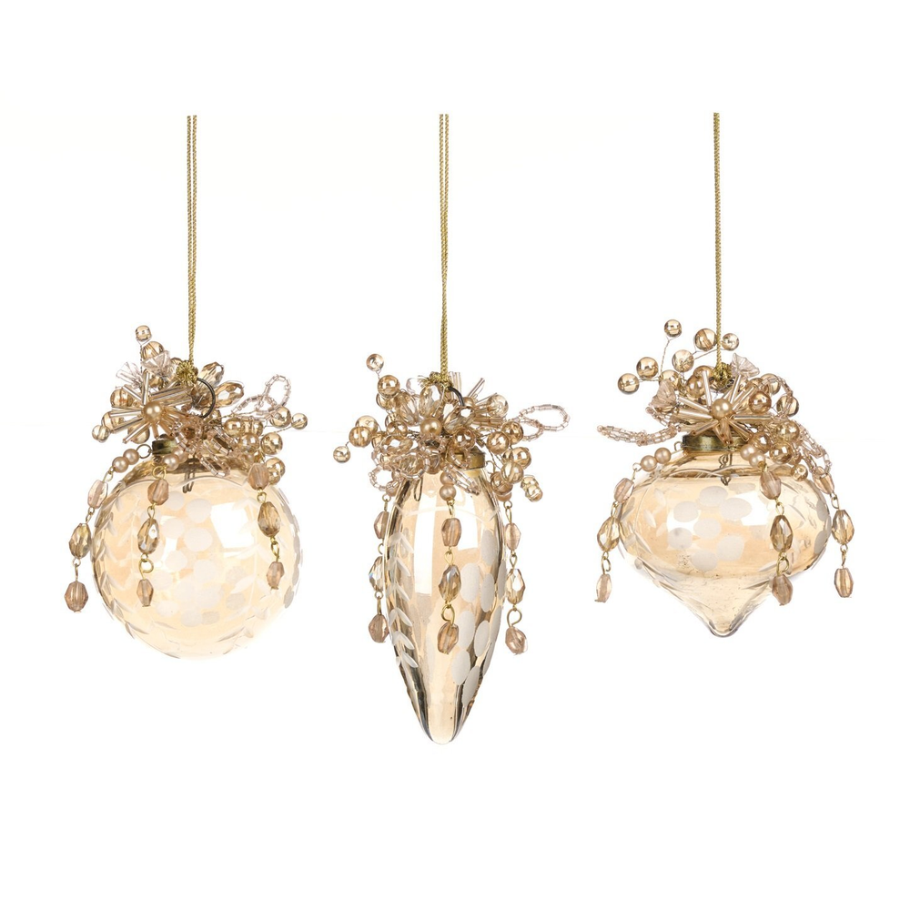 Шарики 3шт 9см Goodwill с верхушкой из бусин кремово-золотые