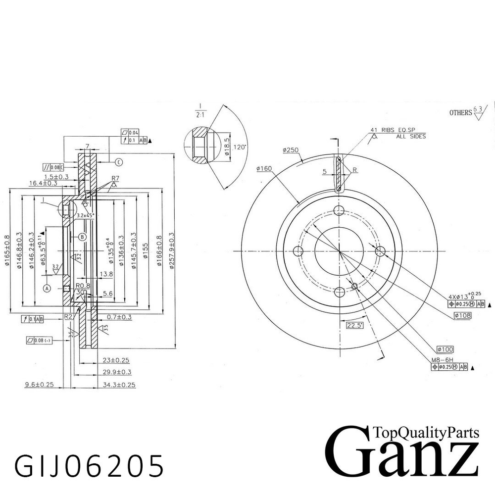 Диск тормозной передний с покрытием FORD Fiesta 2008 /Vent D=258mm GANZ GIJ06205