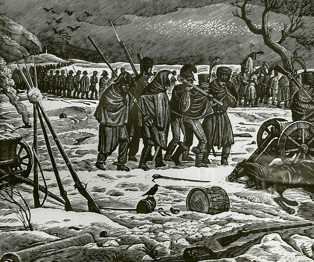 Харламов С.М. (род. 1942) . Отступление французов (в 1812 году). Линогравюра, 1987.