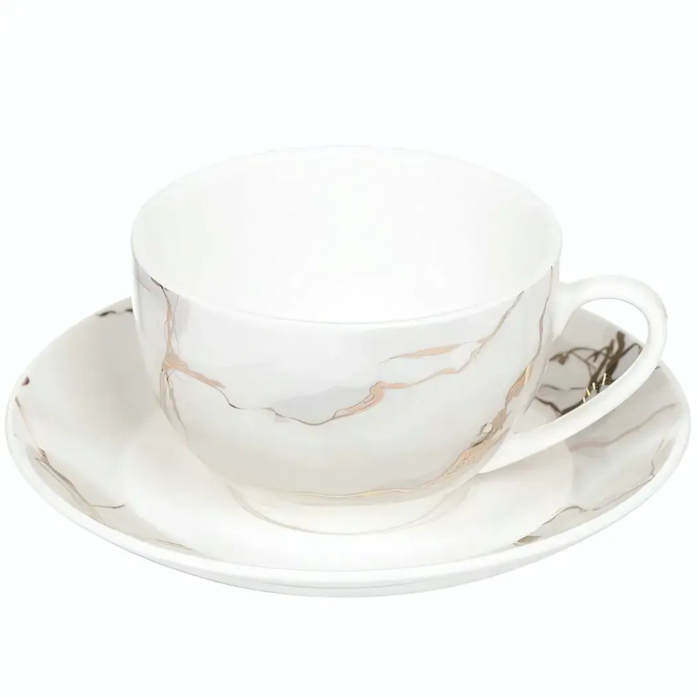 Чайная пара «Daniks» (кружка 250мл+блюдце) белый мрамор