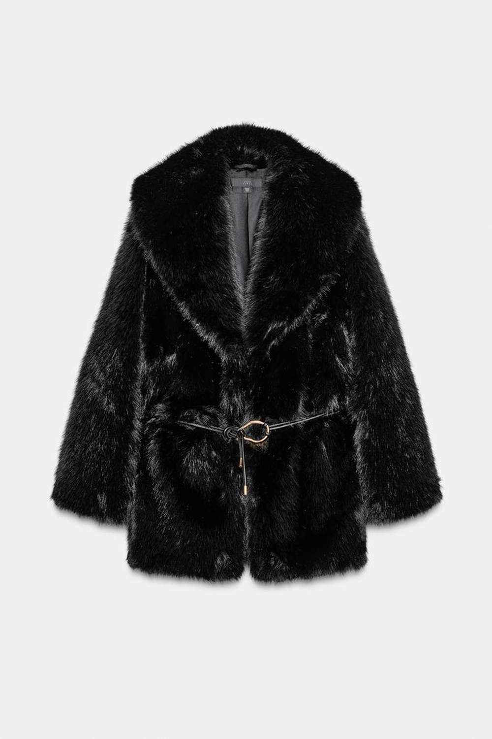 ZARA ШУБА ИЗ ИСКУССТВЕННОГО МЕХА С ПОЯСОМ, ЧЕРНЫЙ