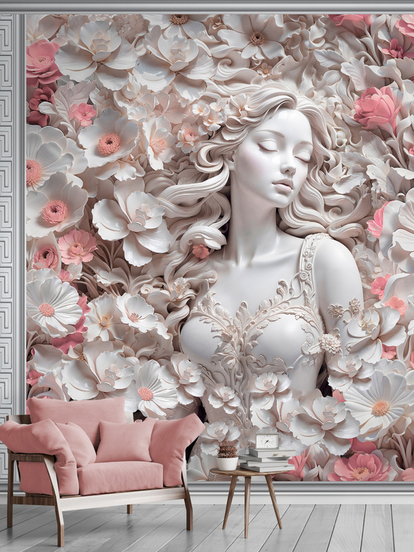 Объемные 3D фотообои девушка и цветы