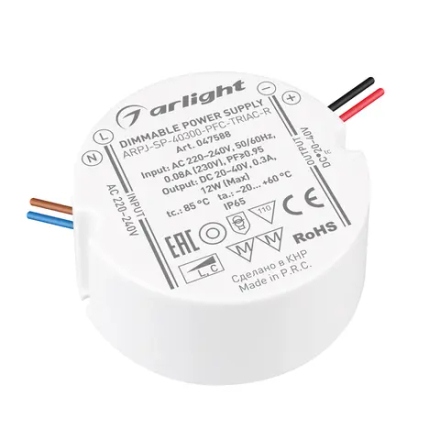 Блок питания ARPJ-SP-40300-PFC-TRIAC-R (12W, 20-40V, 300mA) (Arlight, IP65 Пластик, 5 лет) 047588