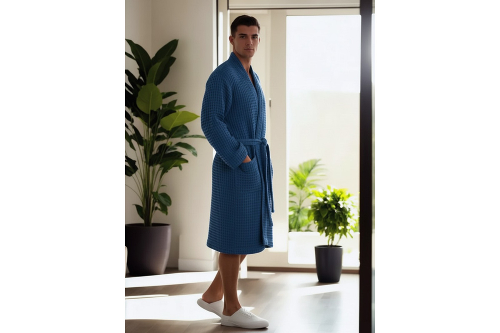 Халат вафельный мужской Home One голубой джинс 56-58