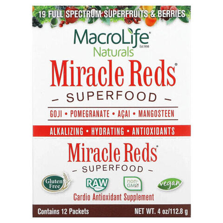 Фрукты и ягоды Macrolife Naturals, Miracle Reds, суперфуд, годжи, гранат, асаи, мангостан, 12 пакетиков по 9,5 г (0,3 унции)