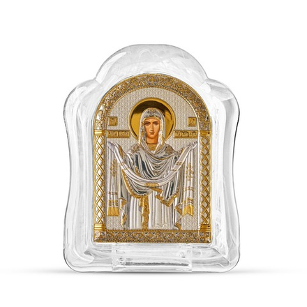 Покрова БМ, икона арочная, белое муранское стекло 65х85