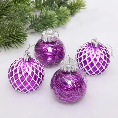 Новогодние шары 6 см (набор 4 шт) «Яркая метель», фиолетовый/белый