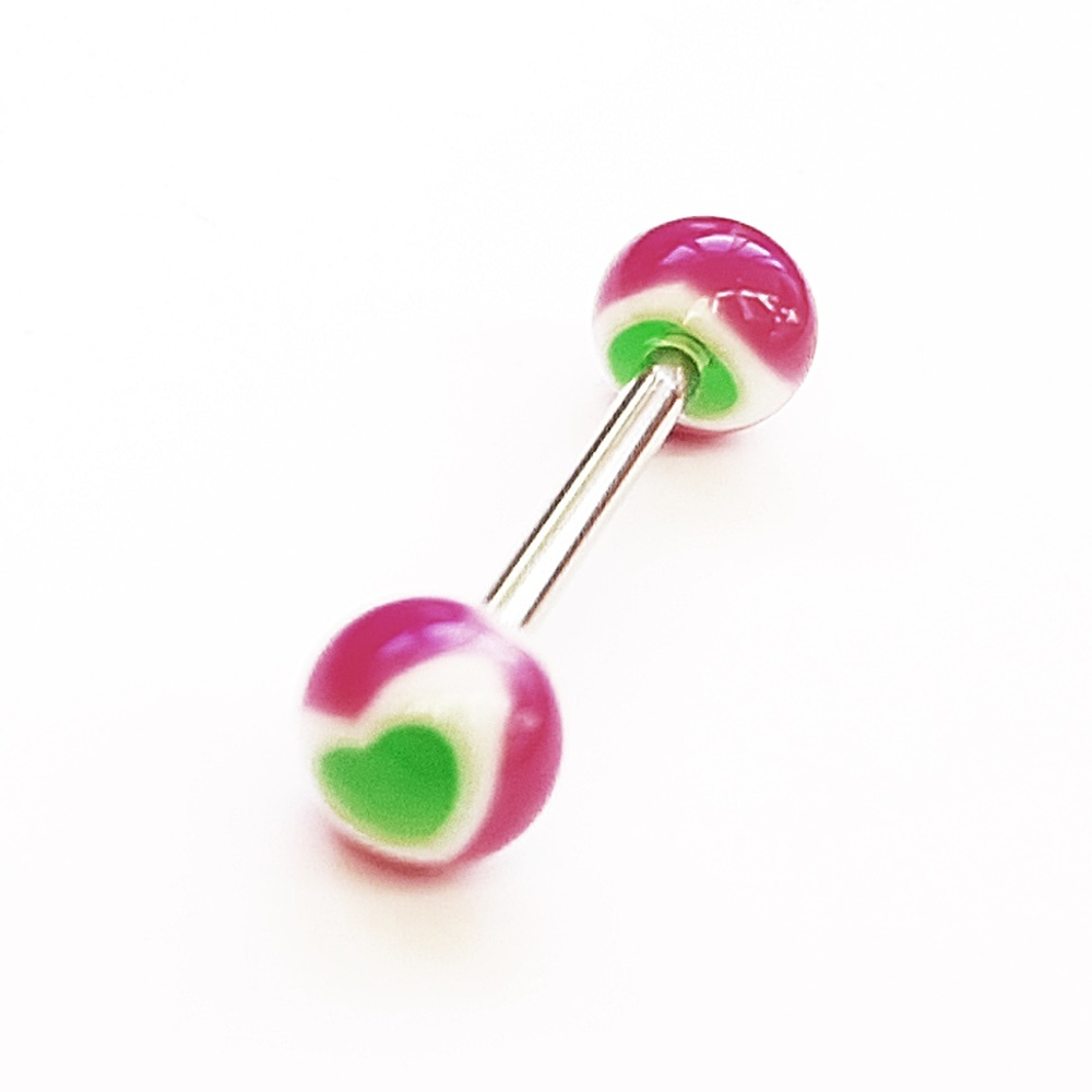 Штанга 16 мм с акриловыми цветными шариками 6 мм (фиолетовый с зеленым сердцем) для пирсинга языка. Медицинская сталь. 1 шт