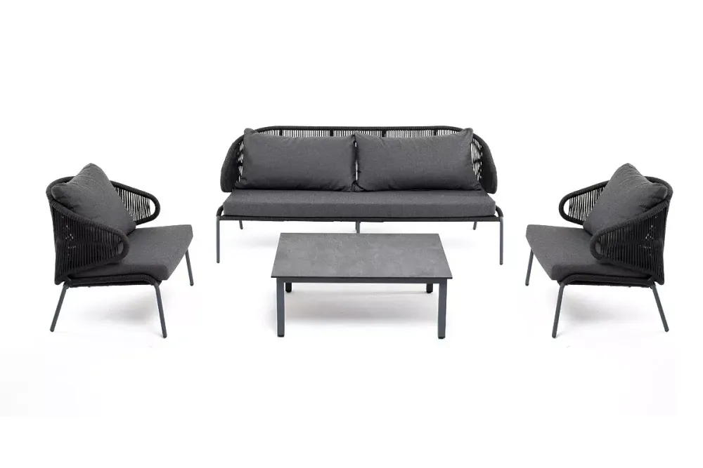 "Милан" лаунж-зона 5-местная плетеная из роупа (веревки), каркас алюминиевый серый, роуп темно-серый