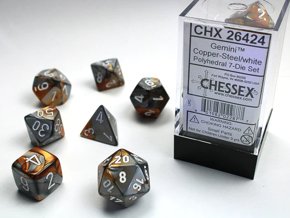 Chessex 7-dice set Gemini Copper-Steel/White