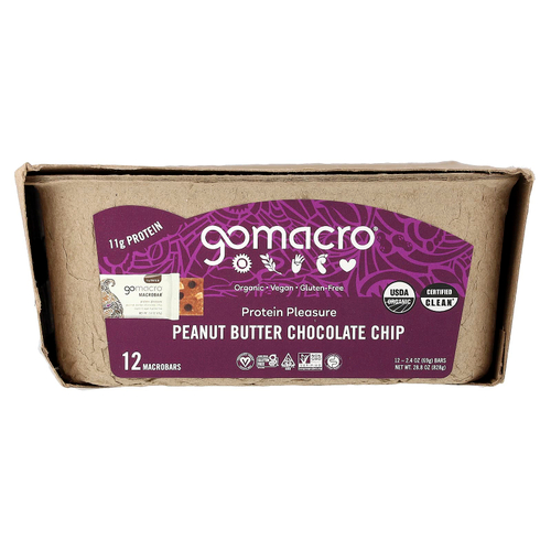 GoMacro, MacroBar®, протеиновое наслаждение, арахисовая паста и шоколадная крошка, 12 батончиков по 69 г (2,4 унции)