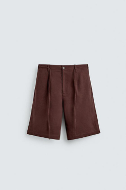 ZARA БЕРМУДЫ WIDE FIT ИЗ СМЕСОВОГО ЛЬНА, БОРДОВЫЙ