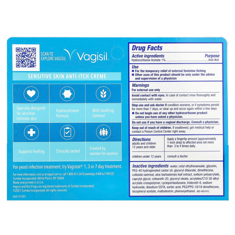 Vagisil, Крем против зуда с гидрокортизоном, для чувствительной кожи, 28 г (1 унция)