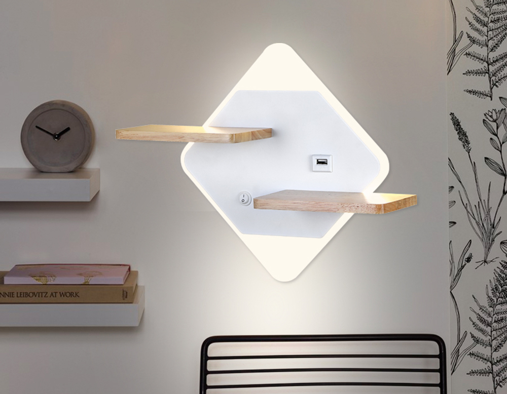 Настенный светодиодный светильник с выключателем, USB и полкой FW100 WH/WD белое/дерево LED 3000K/4200K/6400K 12W 340*250*105