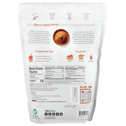 Micro Ingredients, Порошок органической цейлонской корицы, 907 г (2 фунта)