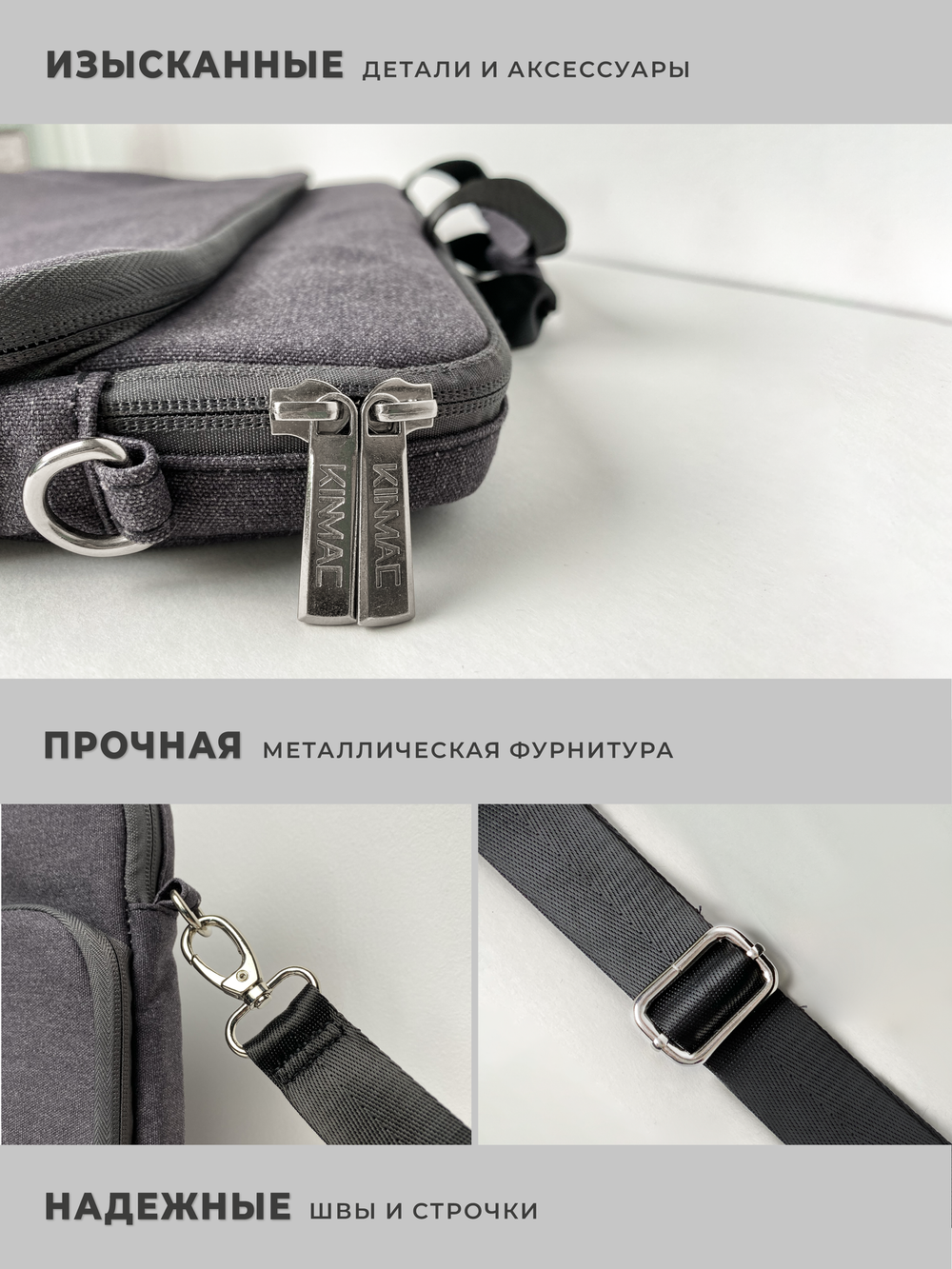 Сумка для ноутбука 13,3" и 14" с ремнем на плечо и большим карманом спереди (Серый)