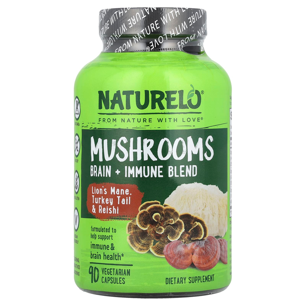 NATURELO, Грибы, смесь для мозга и иммунитета, 90 вегетарианских капсул