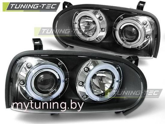 Передние фары VW Golf 3 angel eyes black