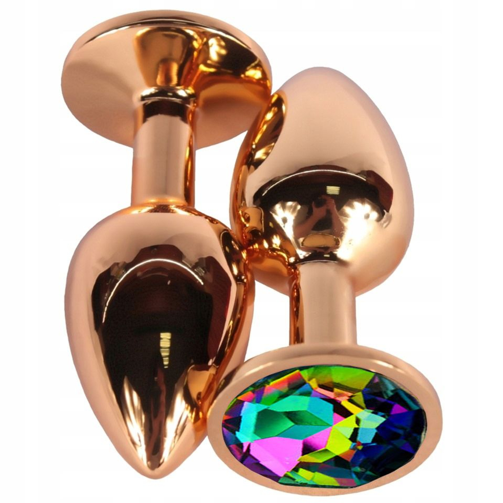 Золотистая гладкая анальная пробка с разноцветным кристаллом - 9,5 см. (Цвет: разноцветный)