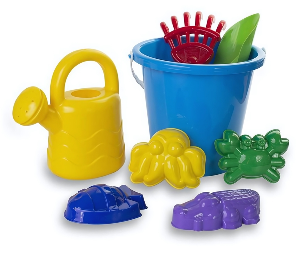 Песочный набор №32 ведро бол, совок, грабли, 4 формочки "Животные", лейка (АлексТойз)