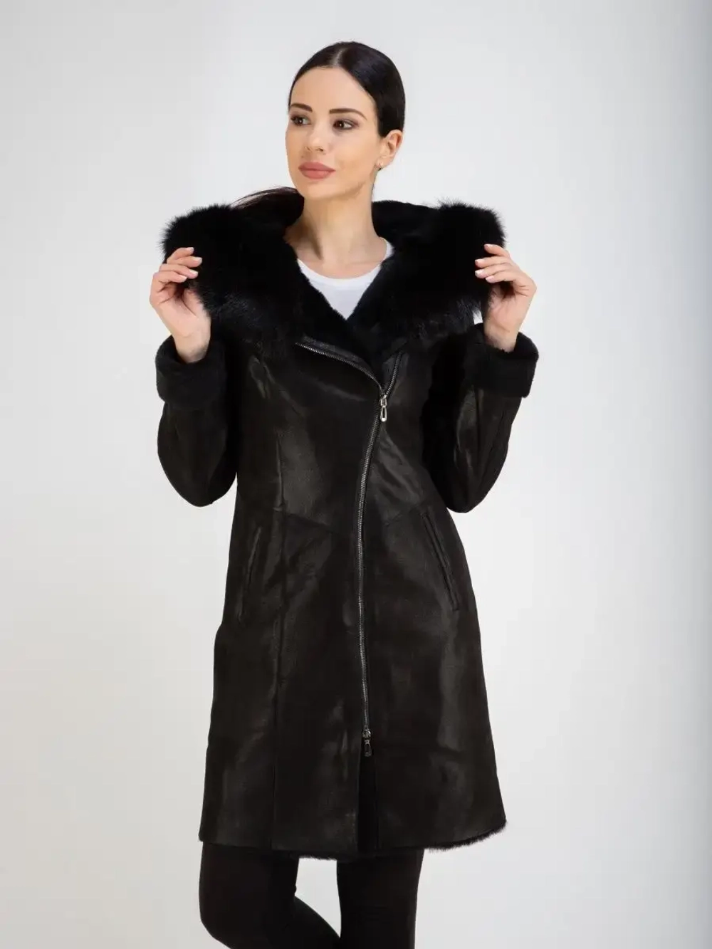 Дубленка женская натуральная длинная с капюшоном Турция