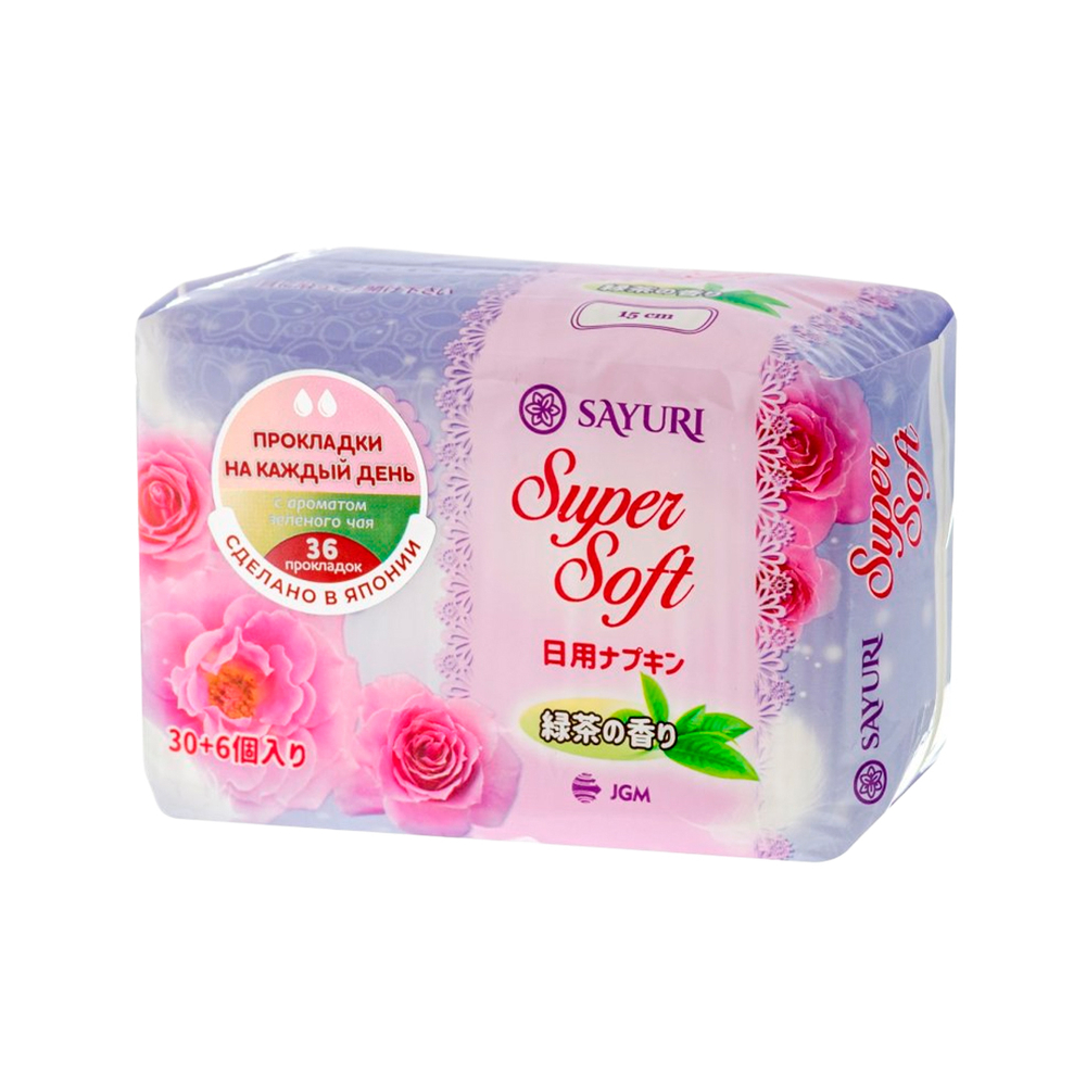 Прокладки гигиенические Sayuri Super Soft ежедневные 2 капли с ароматом зеленого чая 15 см 36 шт
