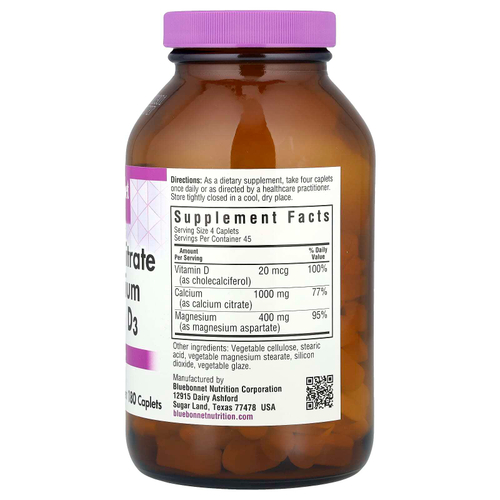 Bluebonnet Nutrition, цитрат кальция и магния с витамином D3, 180 капсул