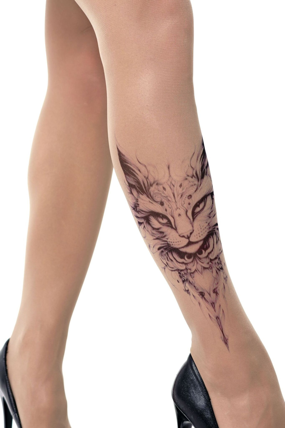 Колготки с принтом в виде кошачьей мордочки (Размер: S-M-L) (Цвет: бежевый)