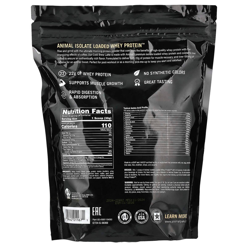 Animal, Изолят, порошок Whey Protein ™, латте для холодного заваривания, 540 г (1,19 фунта)