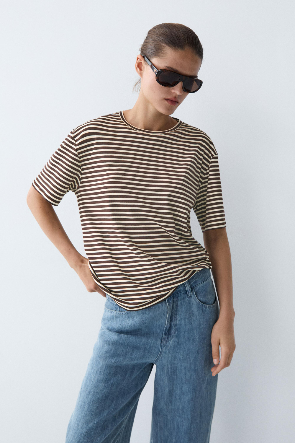 Massimo Dutti Хлопковая футболка в полоску с короткими рукавами, коричневый