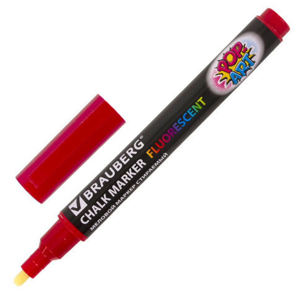 Маркер меловой "POP-ART" КРАСНЫЙ, 3,5 мм, сухостираемый, для гладких поверхностей, BRAUBERG, 151521