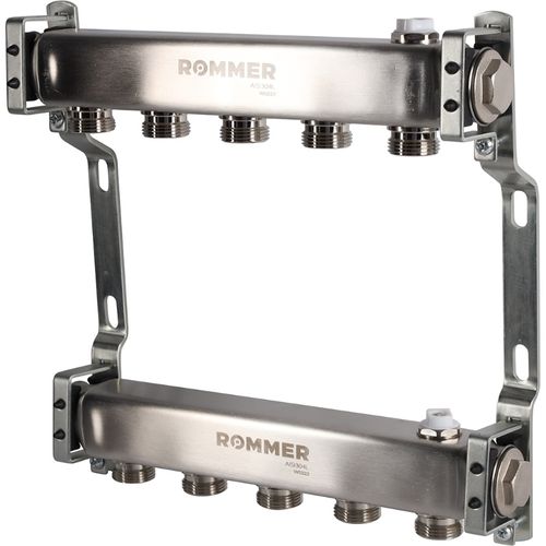 Коллектор Rommer 1"x3/4" на 5 контуров для радиаторной разводки (нерж. сталь) RMS-4401-000005