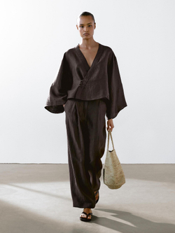 Massimo Dutti Брюки из струящегося смесового льна с защипами, баклажанный