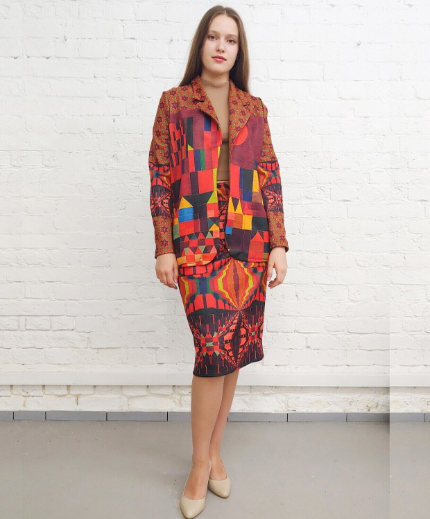 Комплект (жакет и юбка) "Красный", о мотивам живописи Пауля Клее и Василия Кандинского