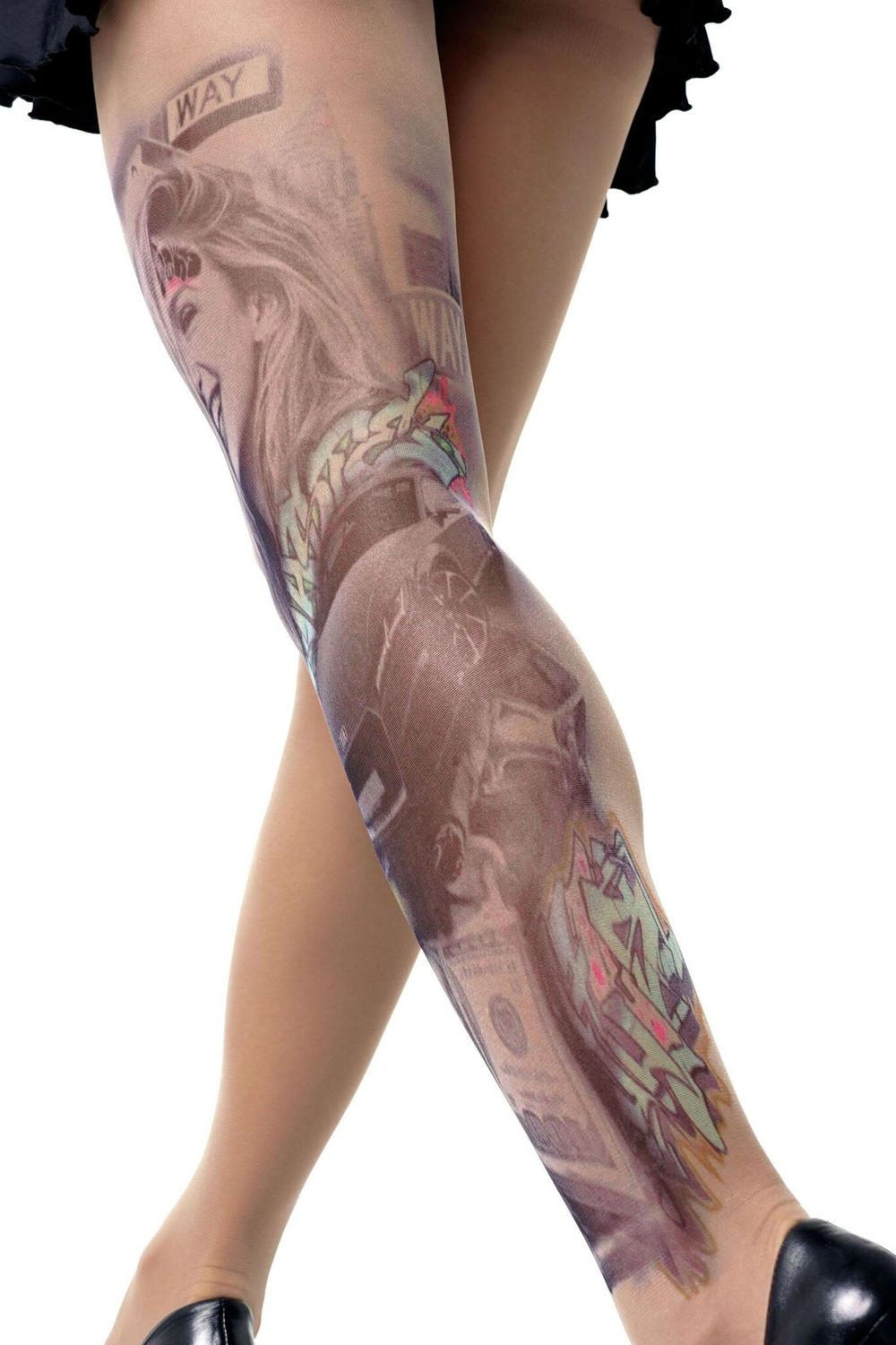 Колготки +size с имитацией тату в виде авто и девушки (Размер: XL-XXL-XXXL) (Цвет: бежевый)