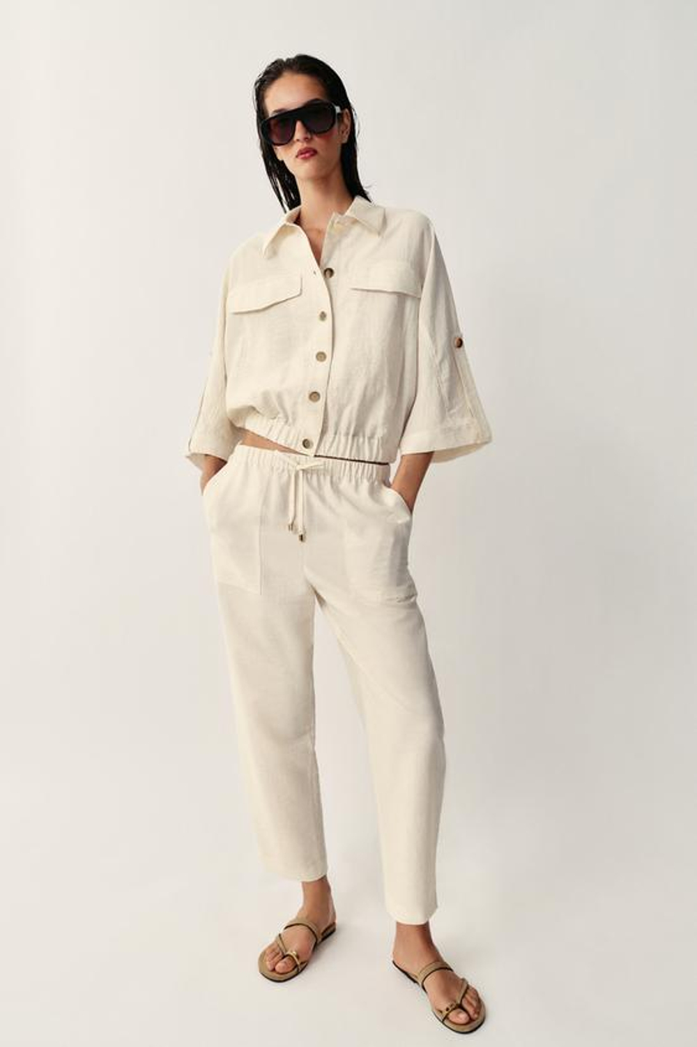 ZARA БРЮКИ С ЭЛАСТИЧНЫМ ПОЯСОМ, СВЕТЛО-БЕЖЕВЫЙ