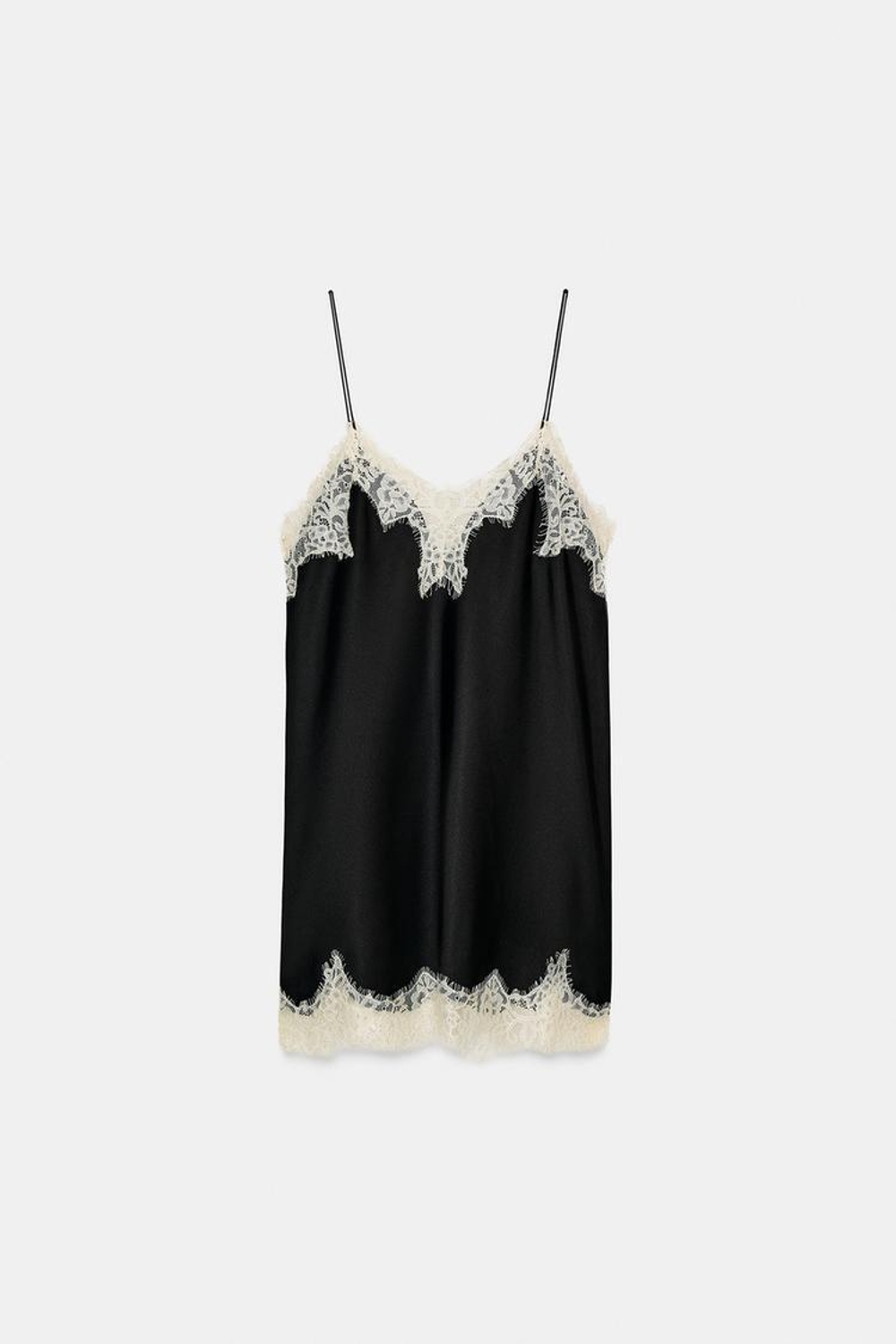 ZARA АТЛАСНЫЙ ТОП С КОНТРАСТНЫМ КРУЖЕВОМ — ZW COLLECTION, ЧЕРНЫЙ