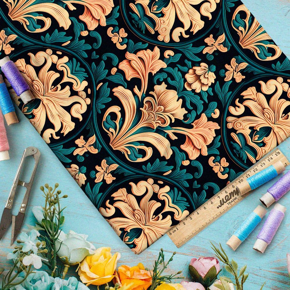 Ткань премиум Оксфорд 600D золотой орнамент на зеленом