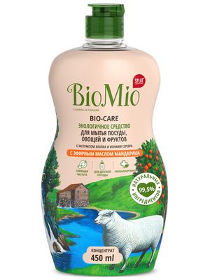 BIO-CARE Экологичное средство для мытья посуды, овощей и фруктов с эф.маслом МАНДАРИНА, экстр. ХЛОПКА и ионами СЕРЕБРА. Концентрат, 450 мл