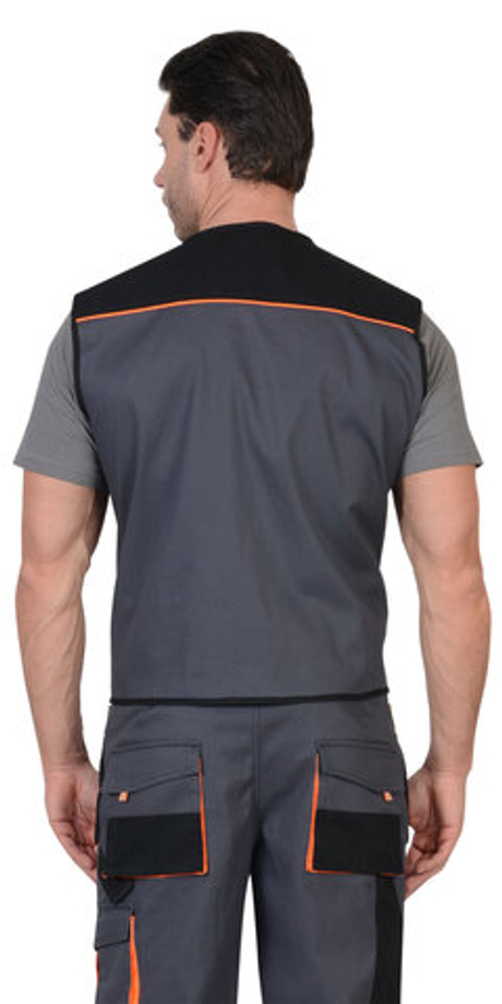 Костюм "СИРИУС-МАНХЕТТЕН" брюки, жилет т.серый с оранж. и черным тк. мех. стрейч пл. 250 г/кв.м