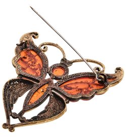 AM-2548 Брошь «Бабочка Шелковица» (латунь, янтарь)