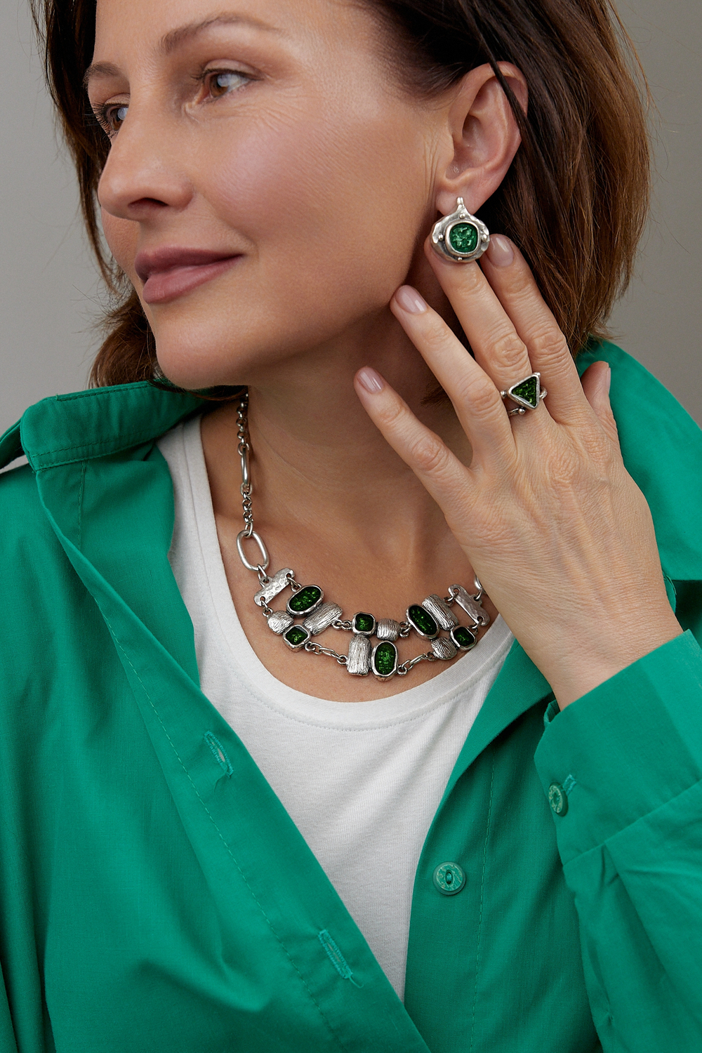 HMG MT Enamel Silver Кольцо mix арт.0999, с треугольной зеленой эмалью