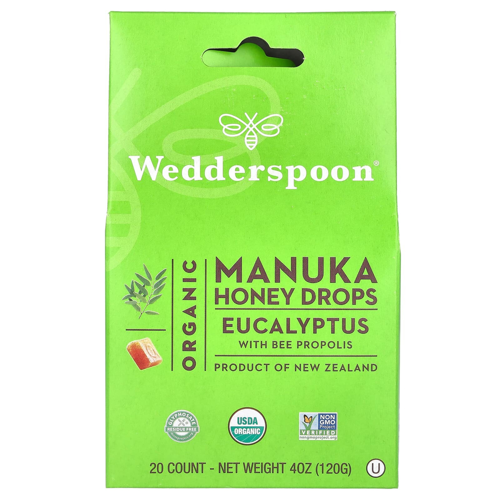 Wedderspoon, органические леденцы с мёдом манука, эвкалиптом и пчелиным прополисом, 120 г (4 унции)