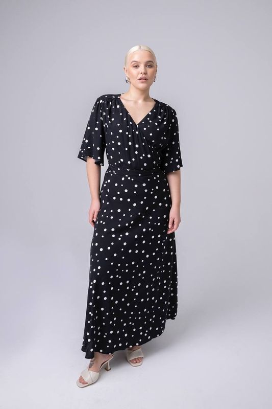 Платье на запах, черное в белый горох