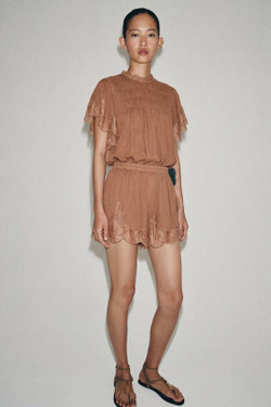 ZARA КРУЖЕВНЫЕ ШОРТЫ — ZW COLLECTION, ЧЕРЕПИЧНЫЙ